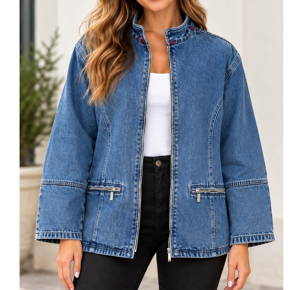 Vtg North Style Denim Chore Coat Blue Flannel Plaid Lined Zip Funnel Neck 90s L
